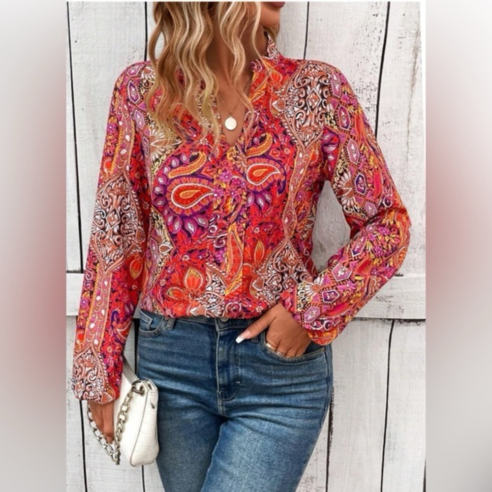 Paisley Print Notched Neckline Blouse